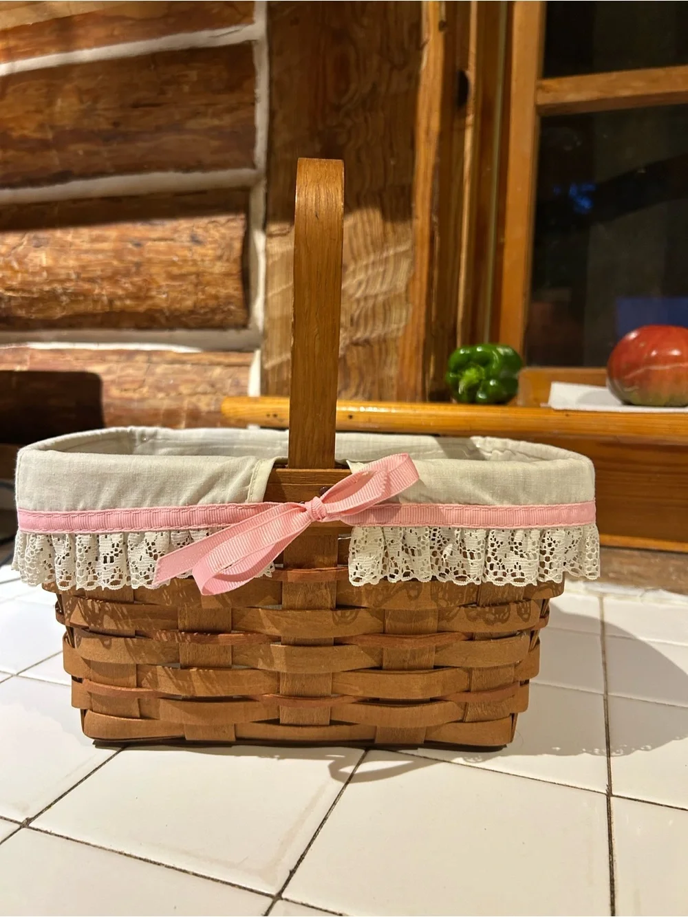1988 Lonaberger Woven Wood Basket with Cream Liner and Pink Trim